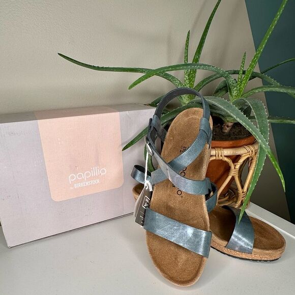 Birkenstock Papillio Sibyl Ring Buckle Metallic Black Leather Wedge Sandals 11 - Picture 1 of 12